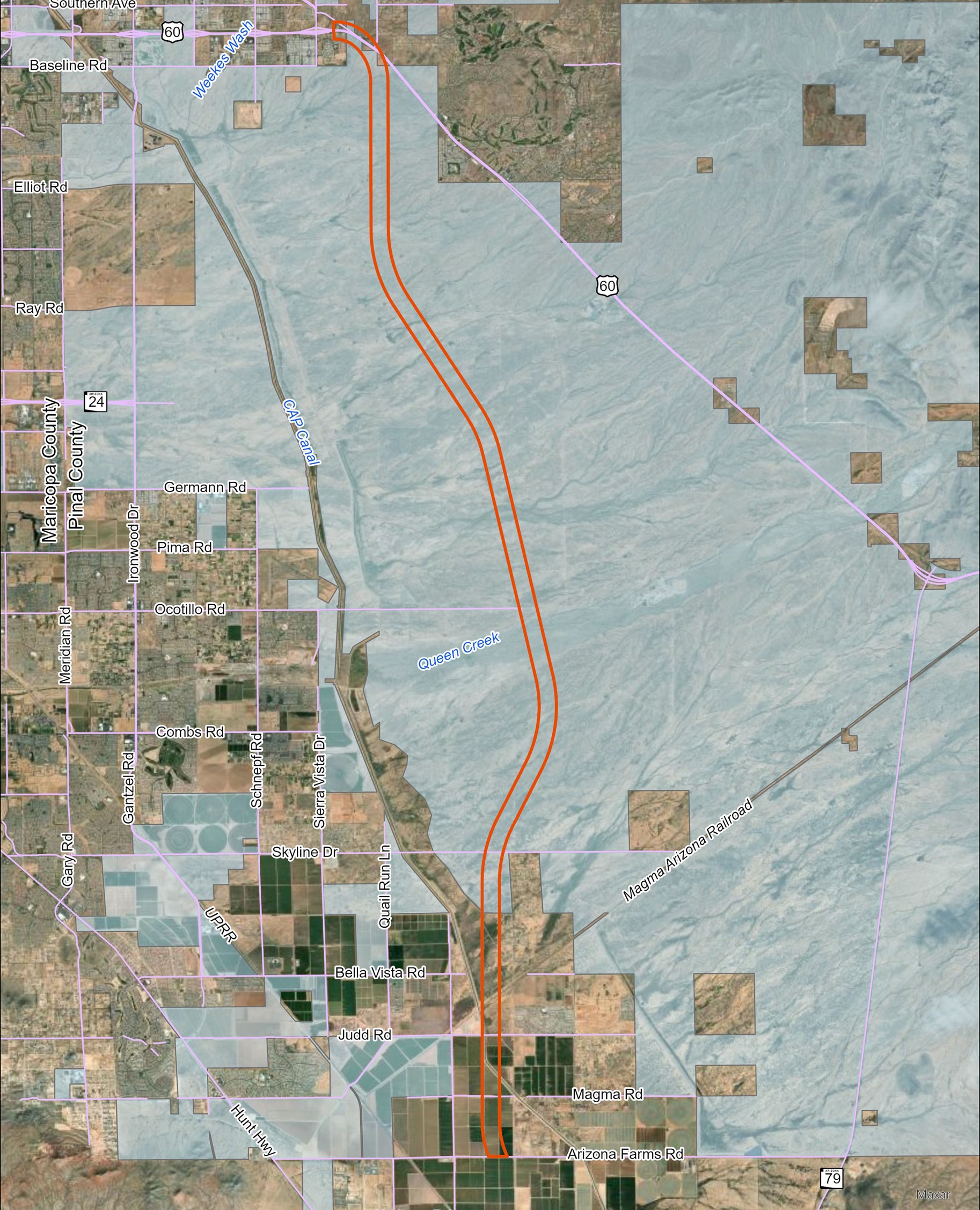 Alt text for this should say: Segment 1 map highlighting the land use within and around the study area which is primarily Arizona State Trust Land.